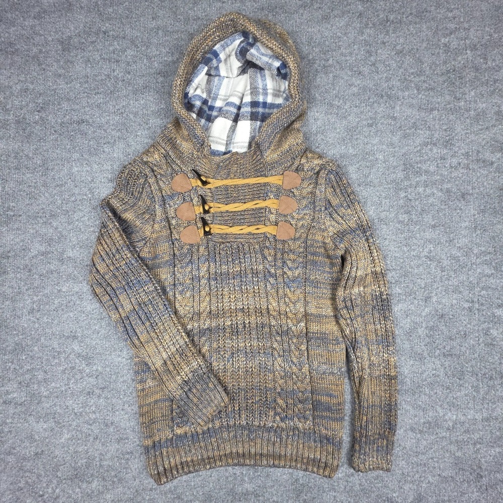 Leif Nelson Cable Knit Sweater Fleece Hooded Men's Medium Beige Knit Hooded